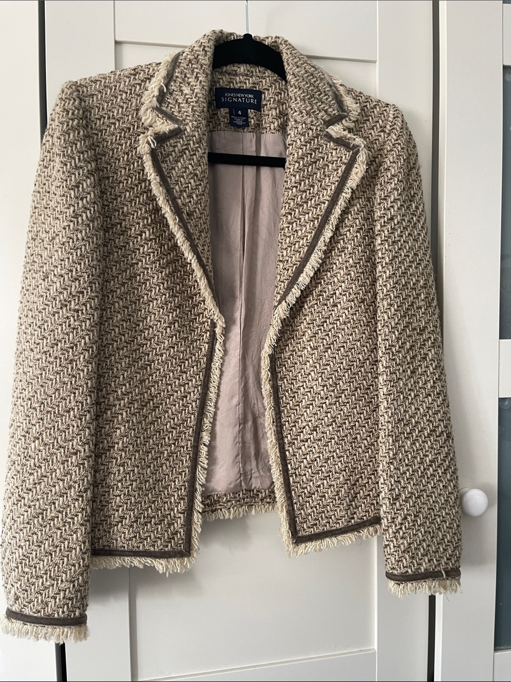 Jones New York Cream & Tan Tweed Fringe-Trim Blazer